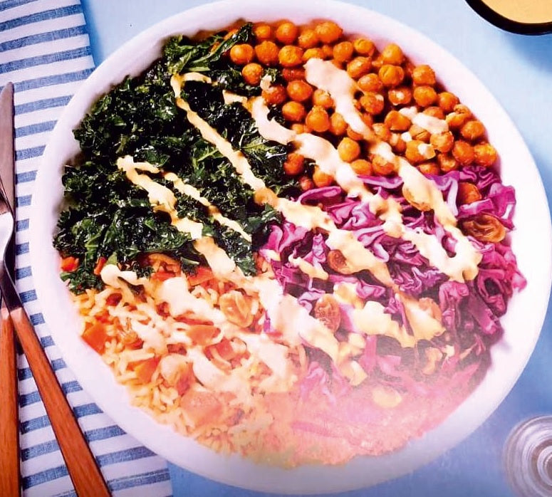 CRUNCHY CURRIED CHICKPEA BOWLS with Golden Raisins & Pickled Cabbage Preparation